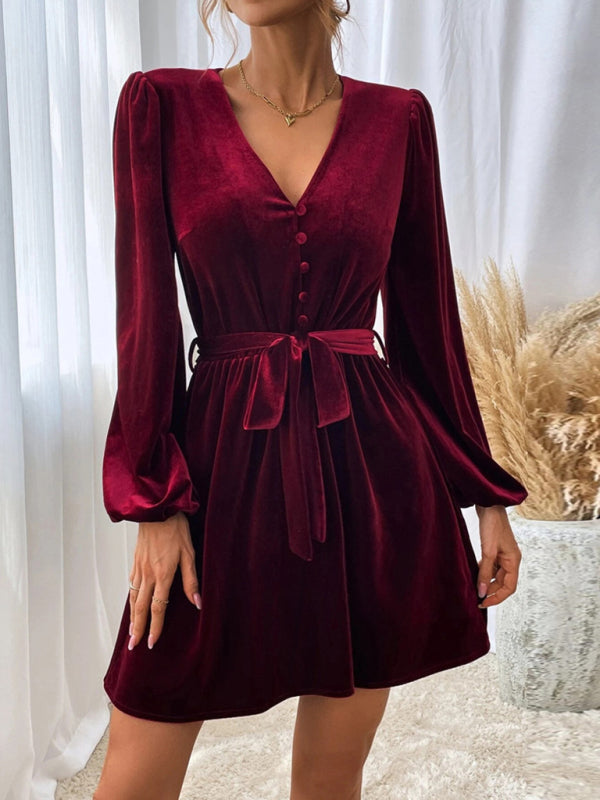 New V-neck waist A-line skirt long-sleeved velvet sexy banquet dress BLUE ZONE PLANET