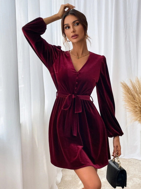New V-neck waist A-line skirt long-sleeved velvet sexy banquet dress BLUE ZONE PLANET