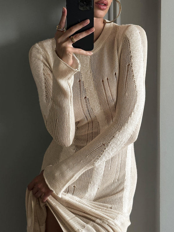 Sexy solid color see-through mini-flared long-sleeved comfortable woolen maxi dress BLUE ZONE PLANET