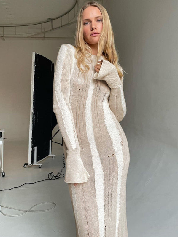 Sexy solid color see-through mini-flared long-sleeved comfortable woolen maxi dress BLUE ZONE PLANET