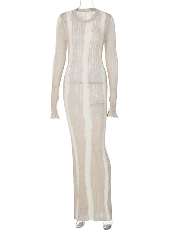 Sexy solid color see-through mini-flared long-sleeved comfortable woolen maxi dress BLUE ZONE PLANET