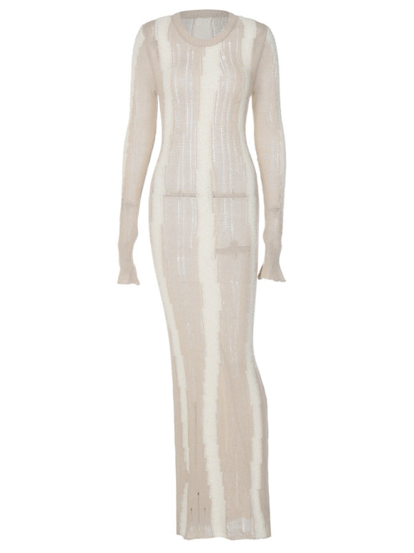 Sexy solid color see-through mini-flared long-sleeved comfortable woolen maxi dress BLUE ZONE PLANET