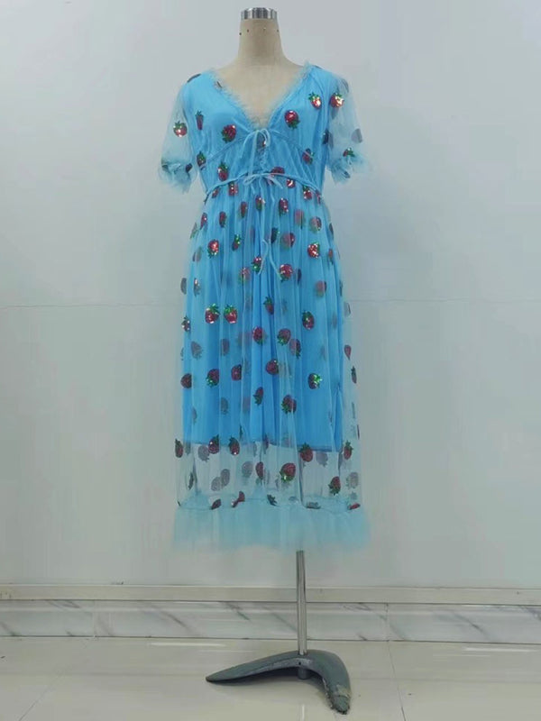 Blue Zone Planet |  New women's French strawberry two-color sequined long skirt mesh strappy pleated dress kakaclo