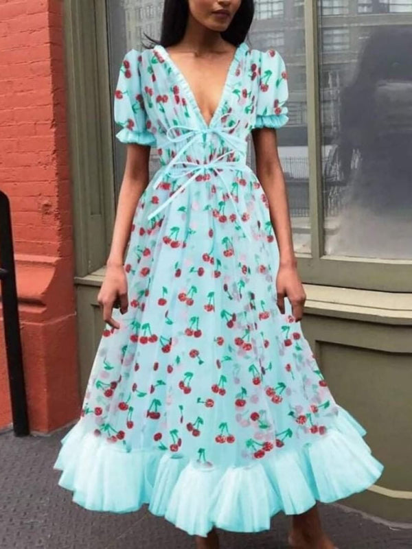 Blue Zone Planet |  New women's French strawberry two-color sequined long skirt mesh strappy pleated dress kakaclo