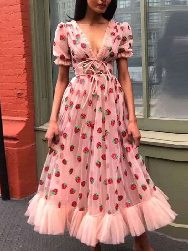 Blue Zone Planet |  New women's French strawberry two-color sequined long skirt mesh strappy pleated dress kakaclo