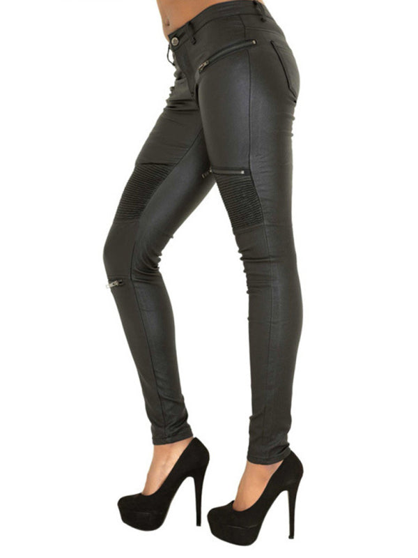 PU skinny pants with multi-zip motorcycle trousers kakaclo