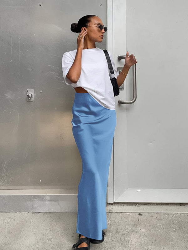 Blue Zone Planet | Elegant high-waisted satin satin long skirt BLUE ZONE PLANET