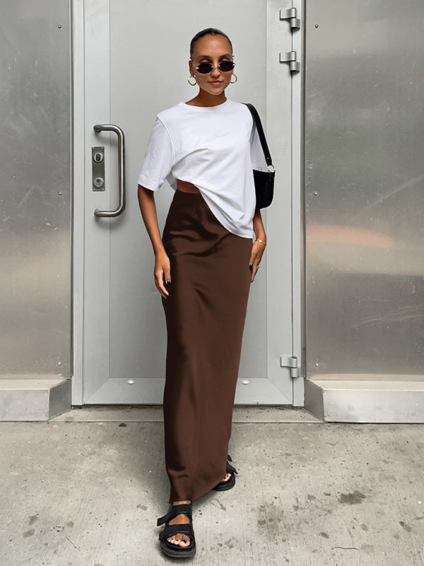 Blue Zone Planet | Elegant high-waisted satin satin long skirt BLUE ZONE PLANET
