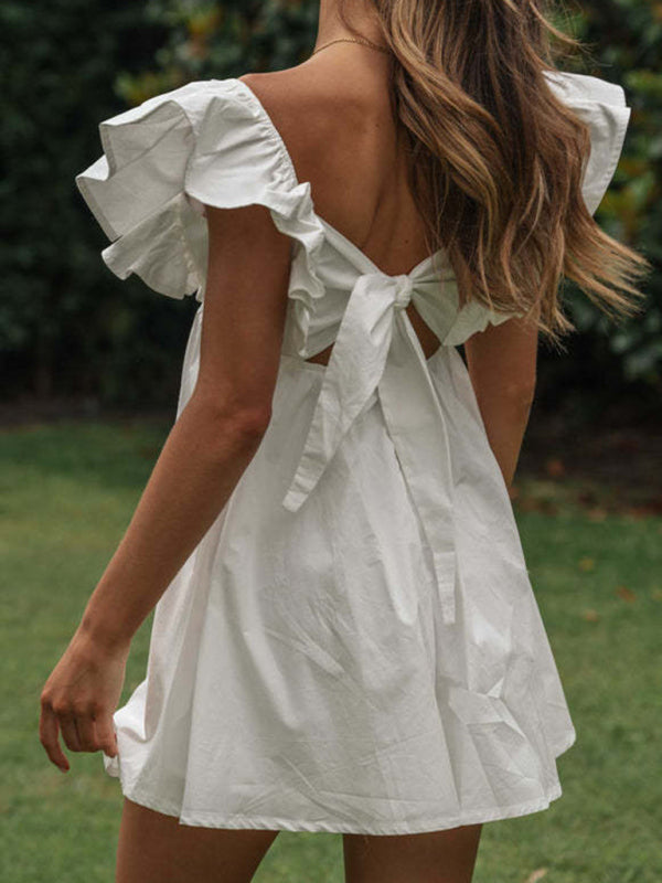 V-neck ruffle sleeves age-reducing short dress BLUE ZONE PLANET