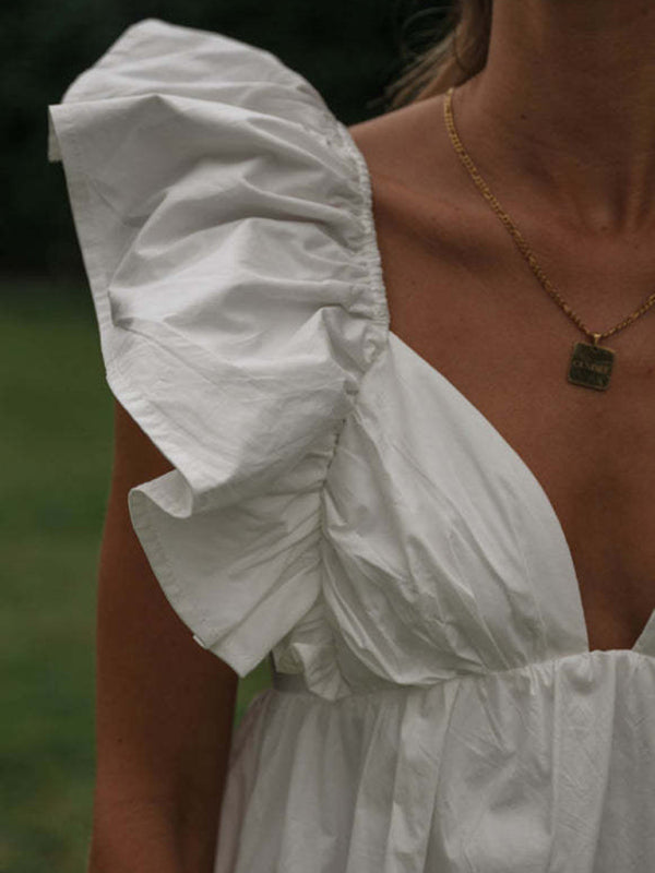 V-neck ruffle sleeves age-reducing short dress BLUE ZONE PLANET