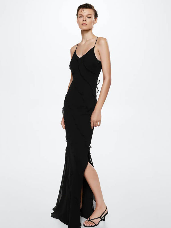 Backless long skirt slit strap ruffle dress kakaclo