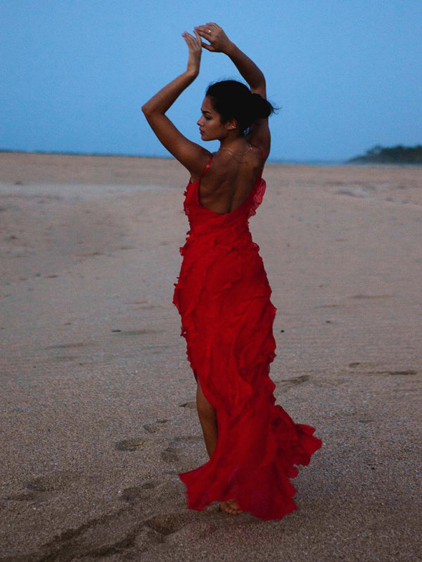 Backless long skirt slit strap ruffle dress kakaclo