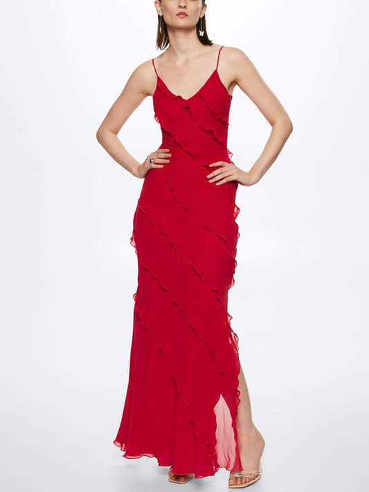 Backless long skirt slit strap ruffle dress kakaclo