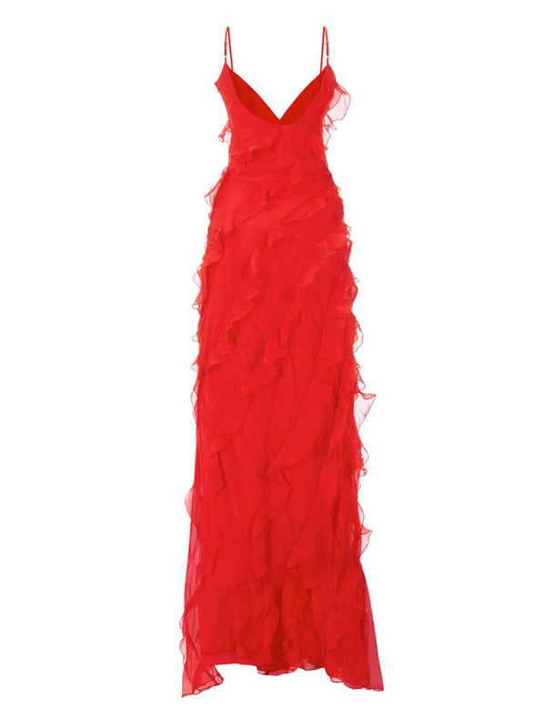 Backless long skirt slit strap ruffle dress kakaclo