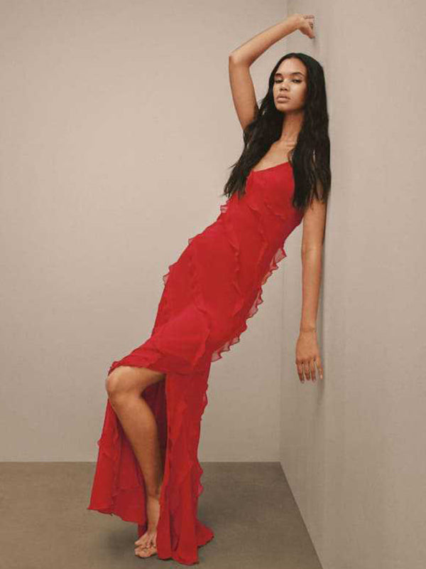 Backless long skirt slit strap ruffle dress kakaclo