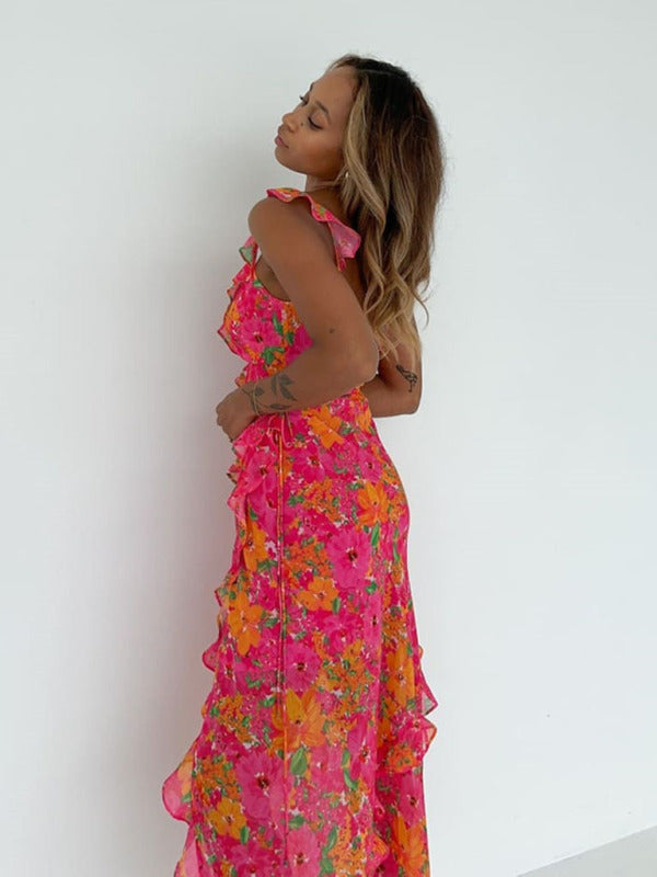 Backless long skirt slit strap ruffle dress kakaclo