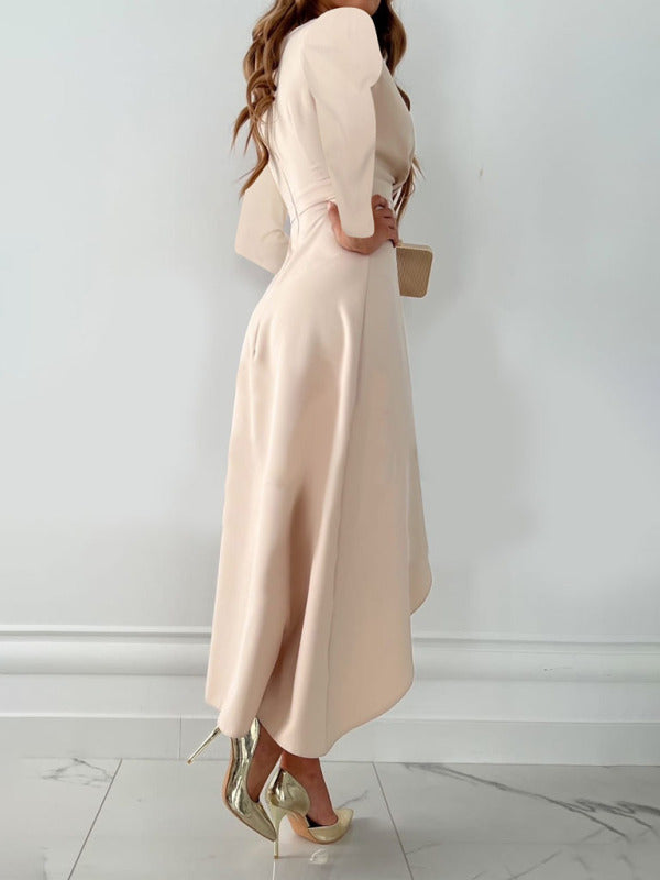 Long Sleeve V-Neck Gathered Hem Slit Dress kakaclo