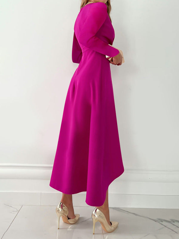 Long Sleeve V-Neck Gathered Hem Slit Dress kakaclo