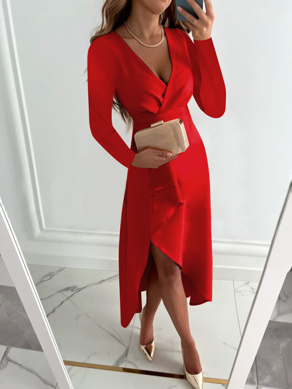 Long Sleeve V-Neck Gathered Hem Slit Dress kakaclo