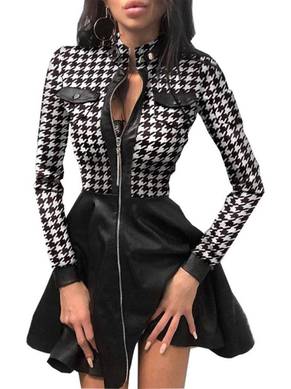 Long sleeve V-neck zipper pu pocket dress for women BLUE ZONE PLANET