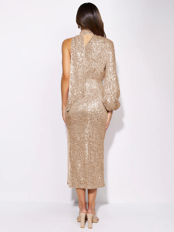 Blue Zone Planet | scarf slit evening dress one shoulder sequins kakaclo