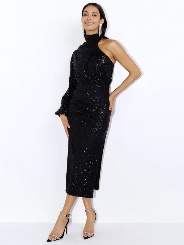 Blue Zone Planet | scarf slit evening dress one shoulder sequins kakaclo