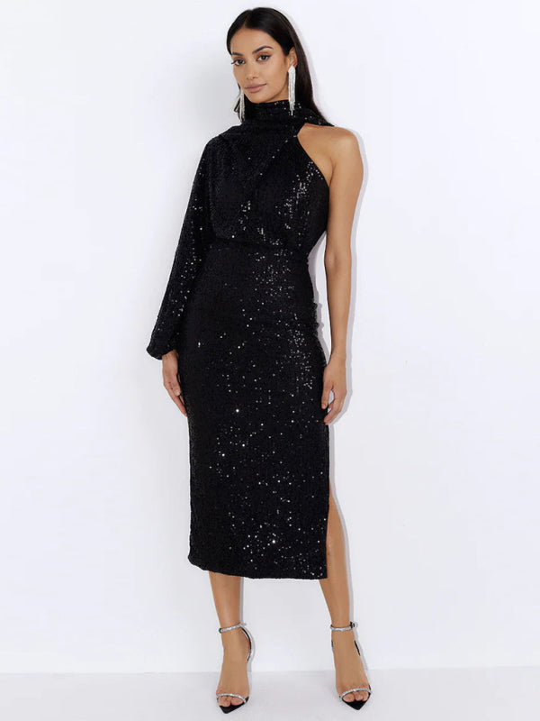 Blue Zone Planet | scarf slit evening dress one shoulder sequins kakaclo