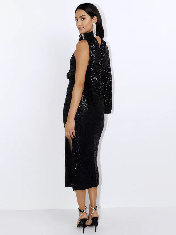 Blue Zone Planet | scarf slit evening dress one shoulder sequins kakaclo