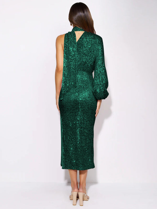 Blue Zone Planet | scarf slit evening dress one shoulder sequins kakaclo
