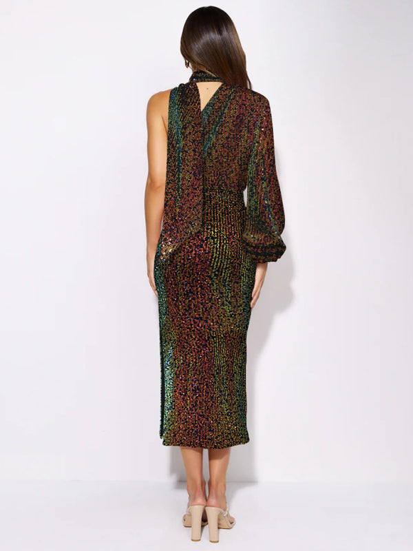 Blue Zone Planet | scarf slit evening dress one shoulder sequins kakaclo