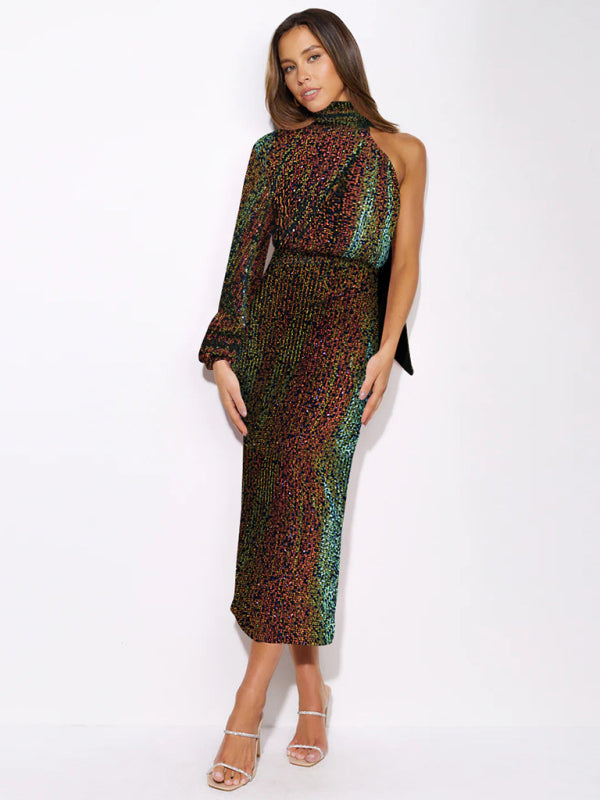 Blue Zone Planet | scarf slit evening dress one shoulder sequins kakaclo