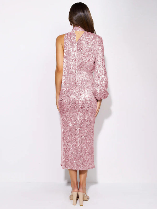 Blue Zone Planet | scarf slit evening dress one shoulder sequins kakaclo