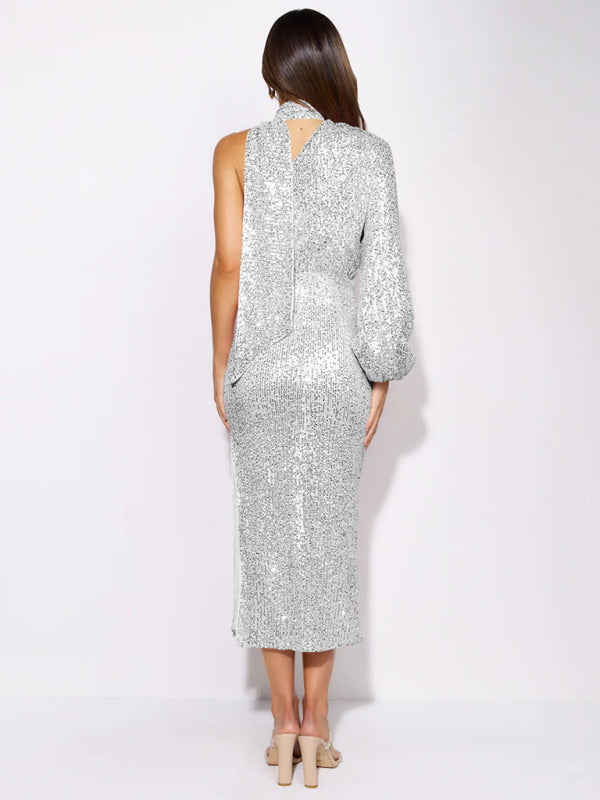 Blue Zone Planet | scarf slit evening dress one shoulder sequins kakaclo