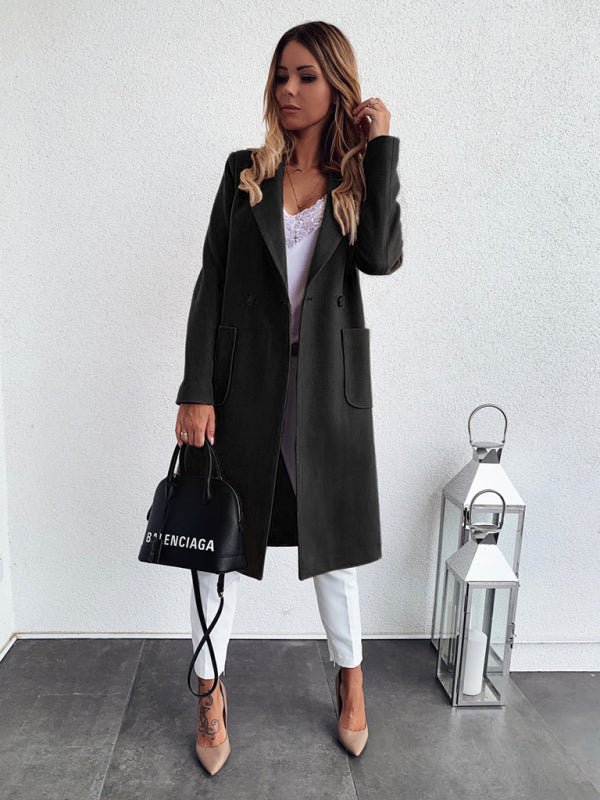 autumn and winter solid color long-sleeved double pocket suit collar woolen jacket kakaclo