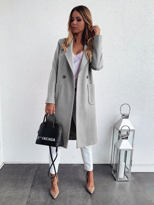 autumn and winter solid color long-sleeved double pocket suit collar woolen jacket kakaclo