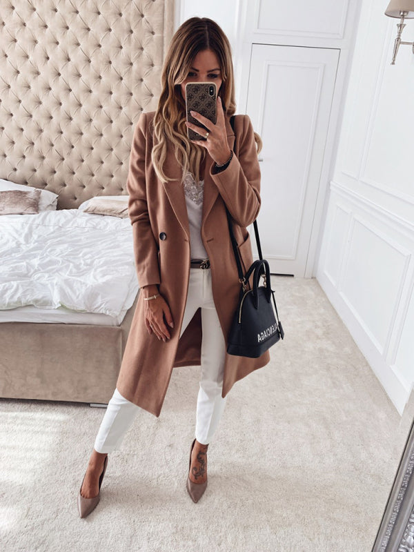 autumn and winter solid color long-sleeved double pocket suit collar woolen jacket kakaclo