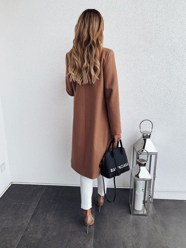 autumn and winter solid color long-sleeved double pocket suit collar woolen jacket kakaclo
