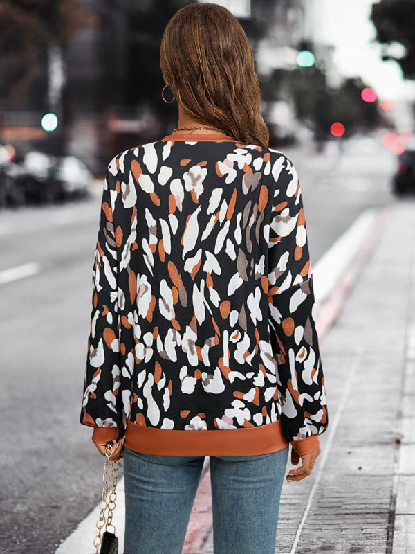 round neck dropped shoulder lantern sleeve printed top BLUE ZONE PLANET