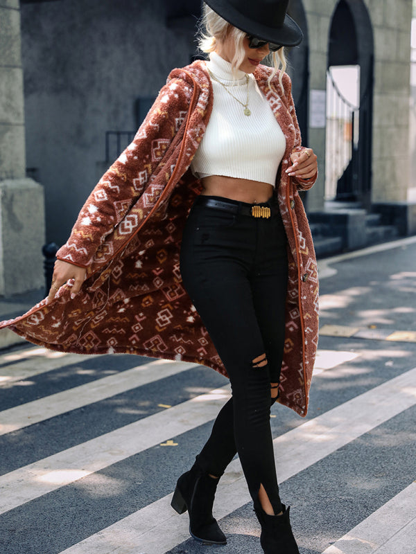 hooded long-sleeved geometric print single-breasted extra-long regular plush jacket kakaclo
