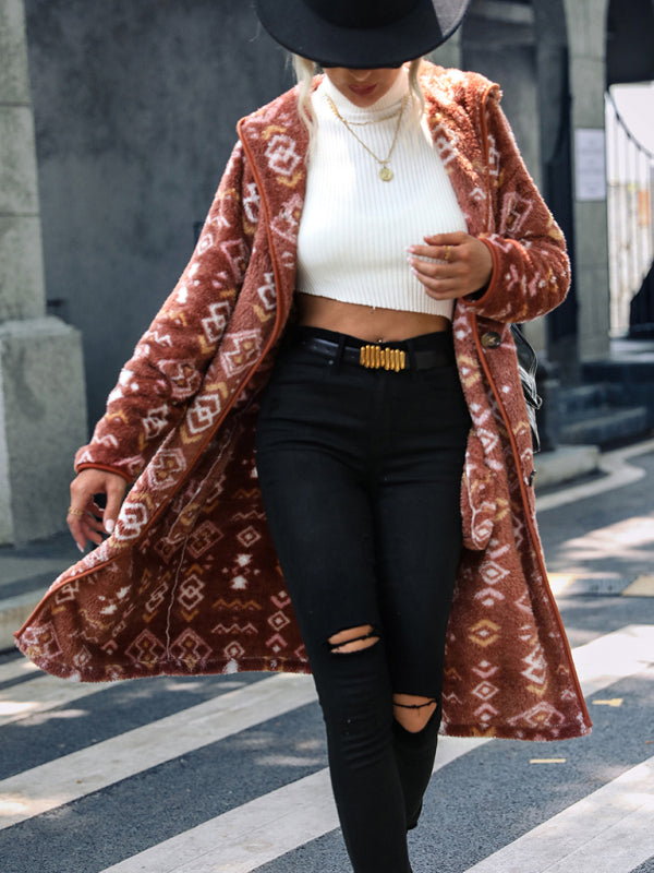 hooded long-sleeved geometric print single-breasted extra-long regular plush jacket kakaclo