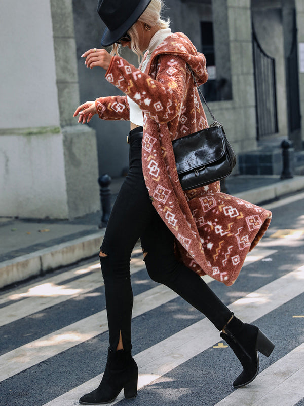 hooded long-sleeved geometric print single-breasted extra-long regular plush jacket kakaclo