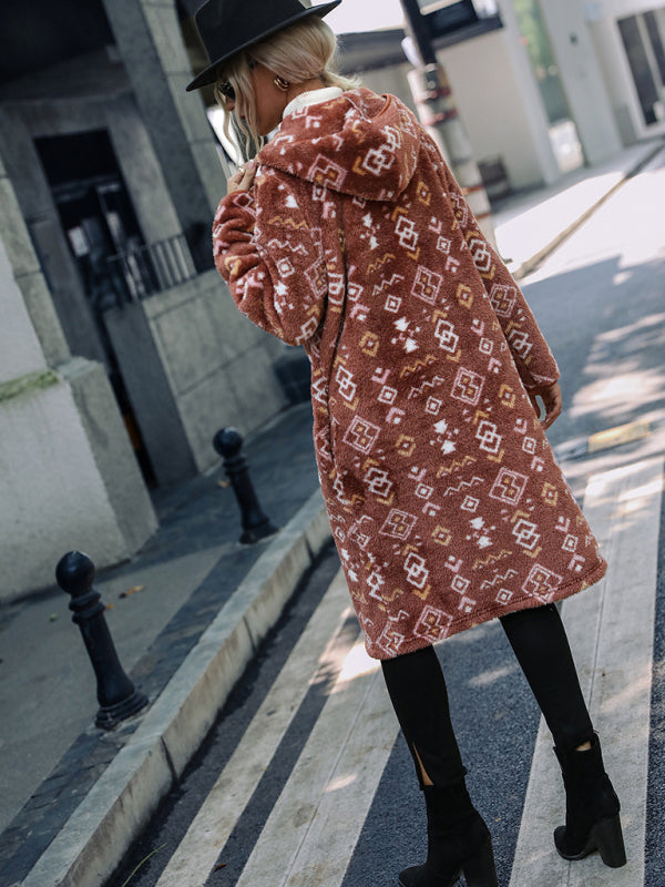 hooded long-sleeved geometric print single-breasted extra-long regular plush jacket kakaclo