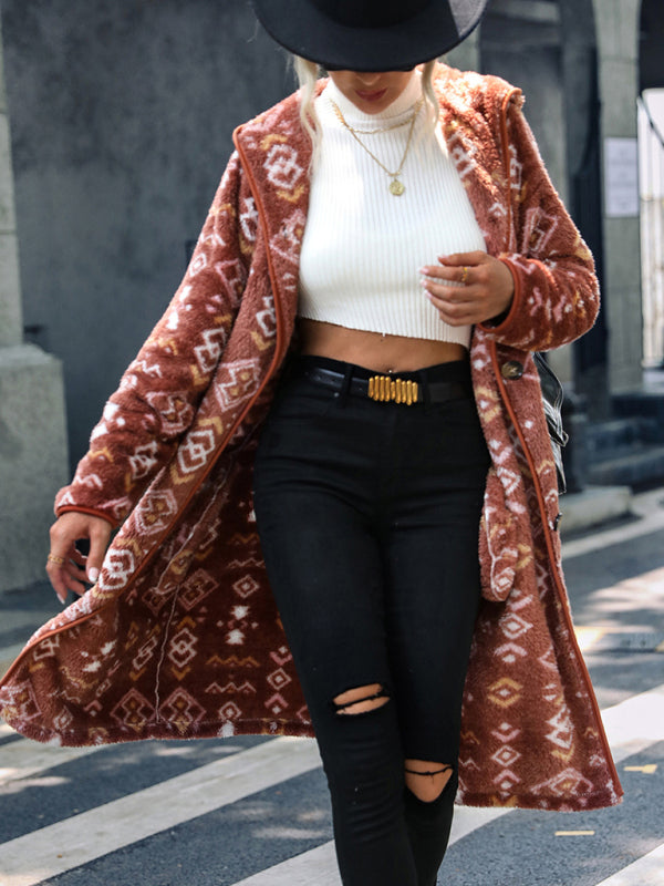 hooded long-sleeved geometric print single-breasted extra-long regular plush jacket kakaclo
