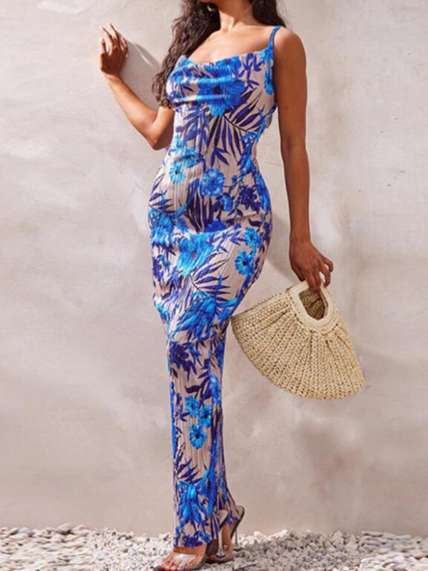Blue Zone Planet | New women's printed pleated slim slim suspender dress long skirt BLUE ZONE PLANET