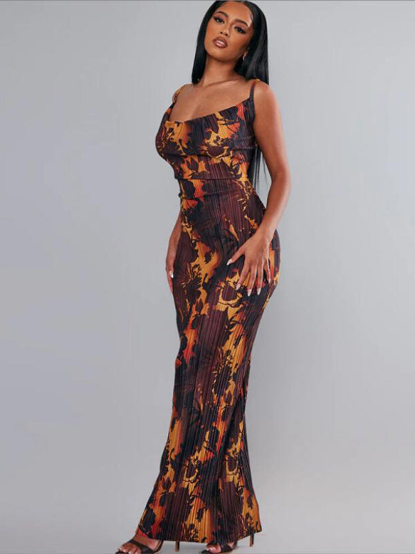 Blue Zone Planet | New women's printed pleated slim slim suspender dress long skirt BLUE ZONE PLANET