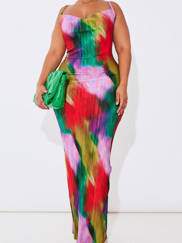 Blue Zone Planet | New women's printed pleated slim slim suspender dress long skirt BLUE ZONE PLANET