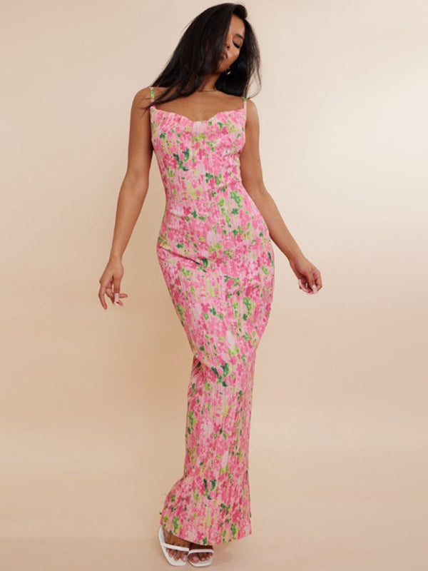Blue Zone Planet | New women's printed pleated slim slim suspender dress long skirt BLUE ZONE PLANET