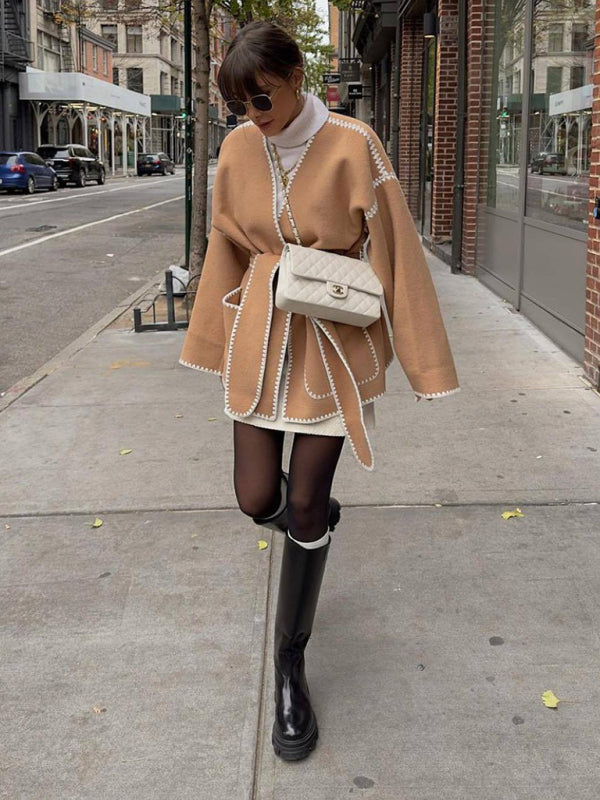 V-neck lace-up cardigan jacket belt lace design jacket jacket kakaclo