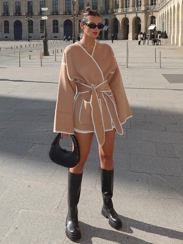 V-neck lace-up cardigan jacket belt lace design jacket jacket kakaclo