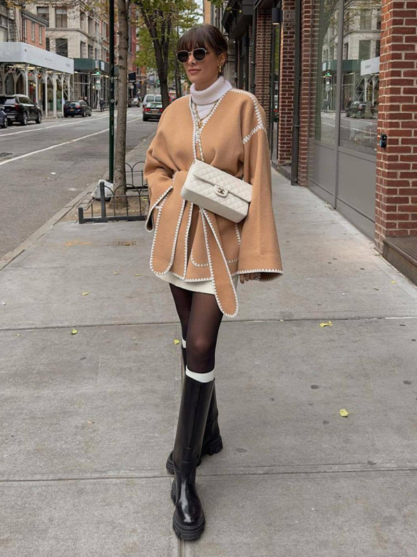 V-neck lace-up cardigan jacket belt lace design jacket jacket kakaclo